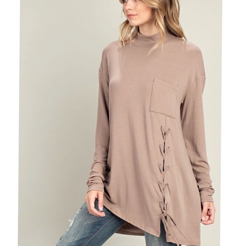 BOHO lace-up oversized long sleeve mock neck top light tan size medium large NWT